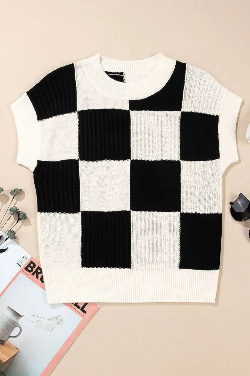 Black Checkered Color Block Crew Neck Short Sleeve Sweater - Love Salve